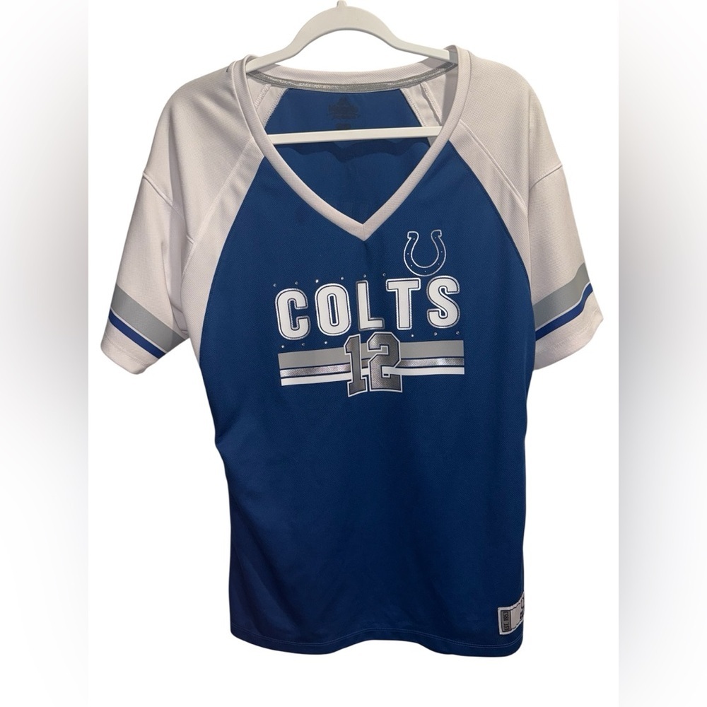 Colts Majestic Luck women Blue and White v neck Shirt with bling Size Large